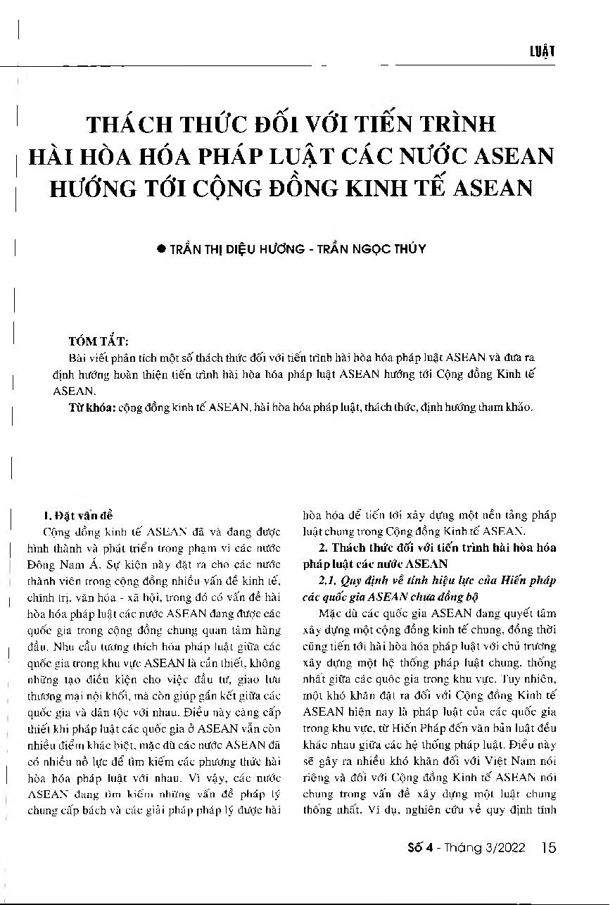 Thách thức đối với tiến trình hài hòa hóa pháp luật các nước ASEAN hướng tới cộng đồng kinh tế ASEAN = Challenges to the legal harmonization process of ASEAN member countries when realizing the ASEAN community