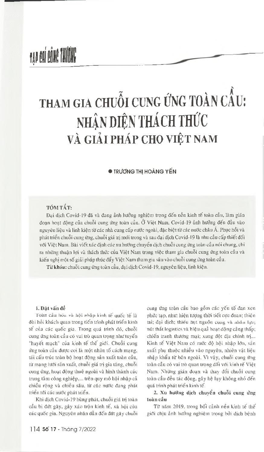 Tham gia chuỗi cung ứng toàn cầu: Nhận diện thách thức và giải pháp cho Việt Nam = Participating into the global supply chain: Identifying challenges and solutions for Vietnam