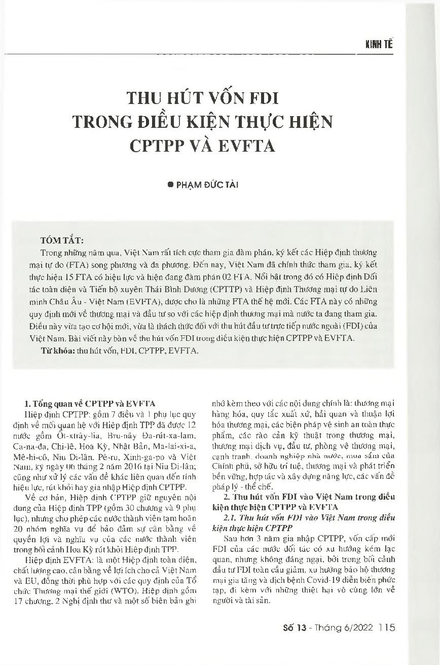 Thu hút vốn FDI trong điều kiện thực hiện CPTPP và EVFTA = Attracting FDI in the context of the implementation of the CPTPP and the EVFTA