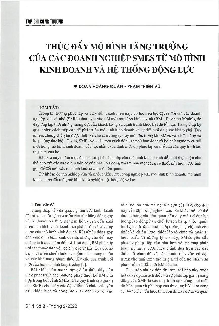 Thúc đẩy mô hình tăng trưởng của các doanh nghiệp SMEs từ mô hình kinh doanh và hệ thống động lực = Using the business model and motivation system to promote the growth model of SMEs