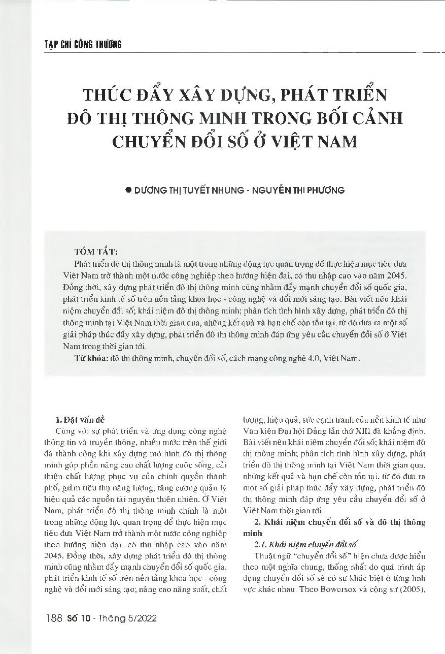 Thúc đấy xây dựng, phát triển đô thị thông minh trong bối cảnh chuyển đổi số ở Việt Nam = Promoting the development of smart cities in Vietnam in the context of the country's digital transformation process