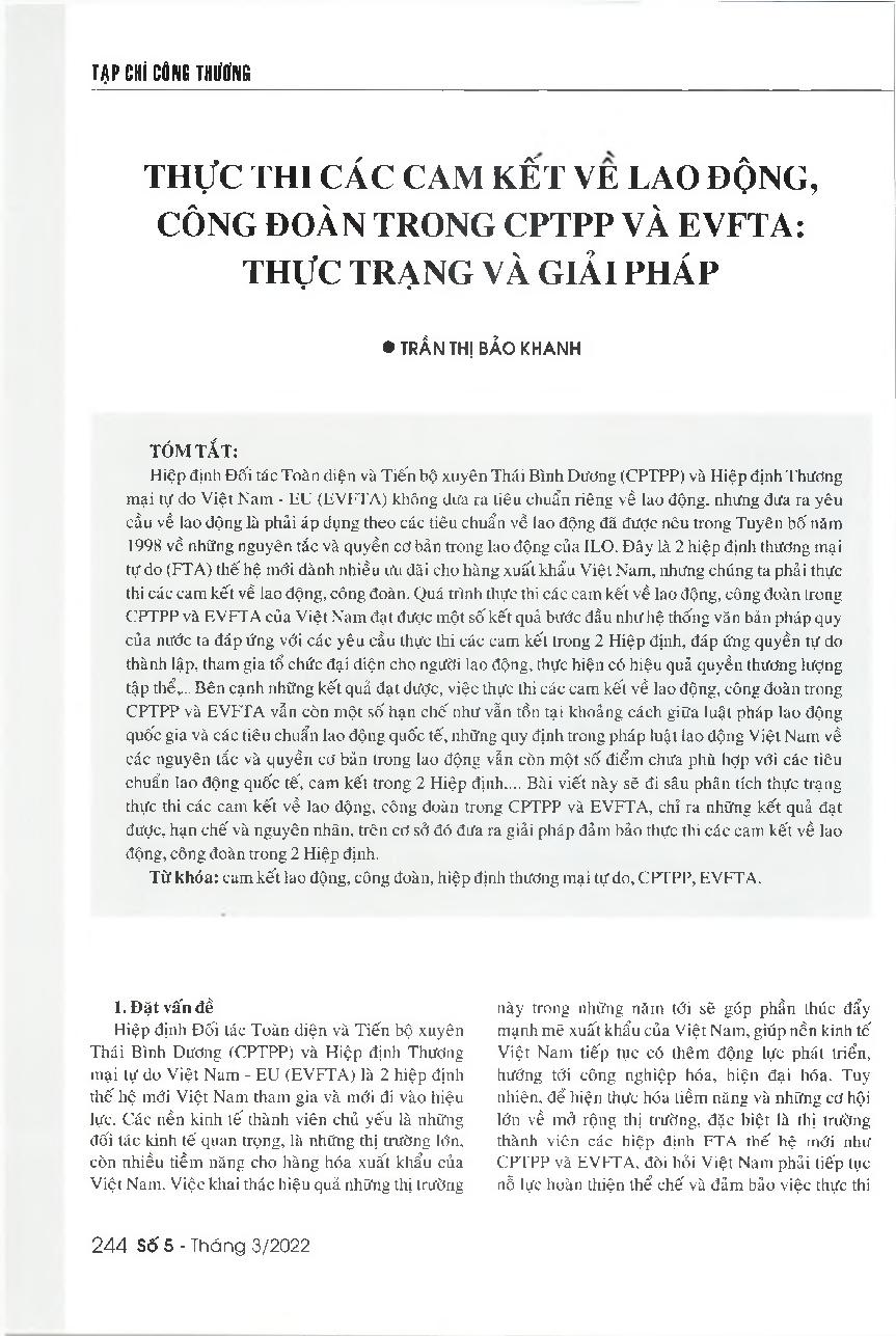Thực thi các cam kết về lao động, công đoàn trong CPTPP và EVFTA: Thực trạng và giải pháp = The implementation of commitments on labor and trade unions in the CPTPP and the EVFTA: Current situation and solutions