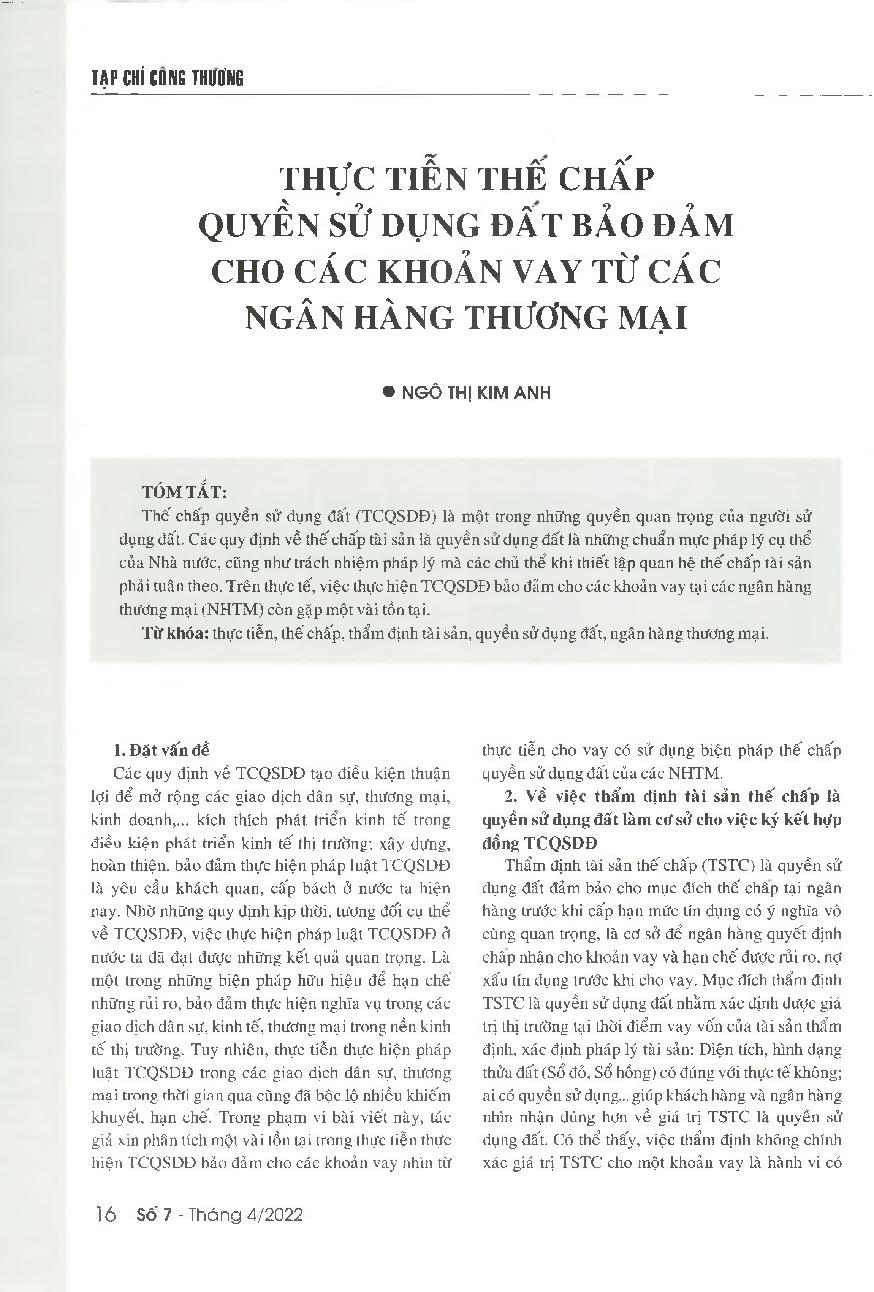 Thực tiễn thế chấp quyền sử dụng đất bảo đảm cho các khoản vay từ các ngân hàng thương mại = The practice of mortgaging land use rights to secure loans from commercial banks