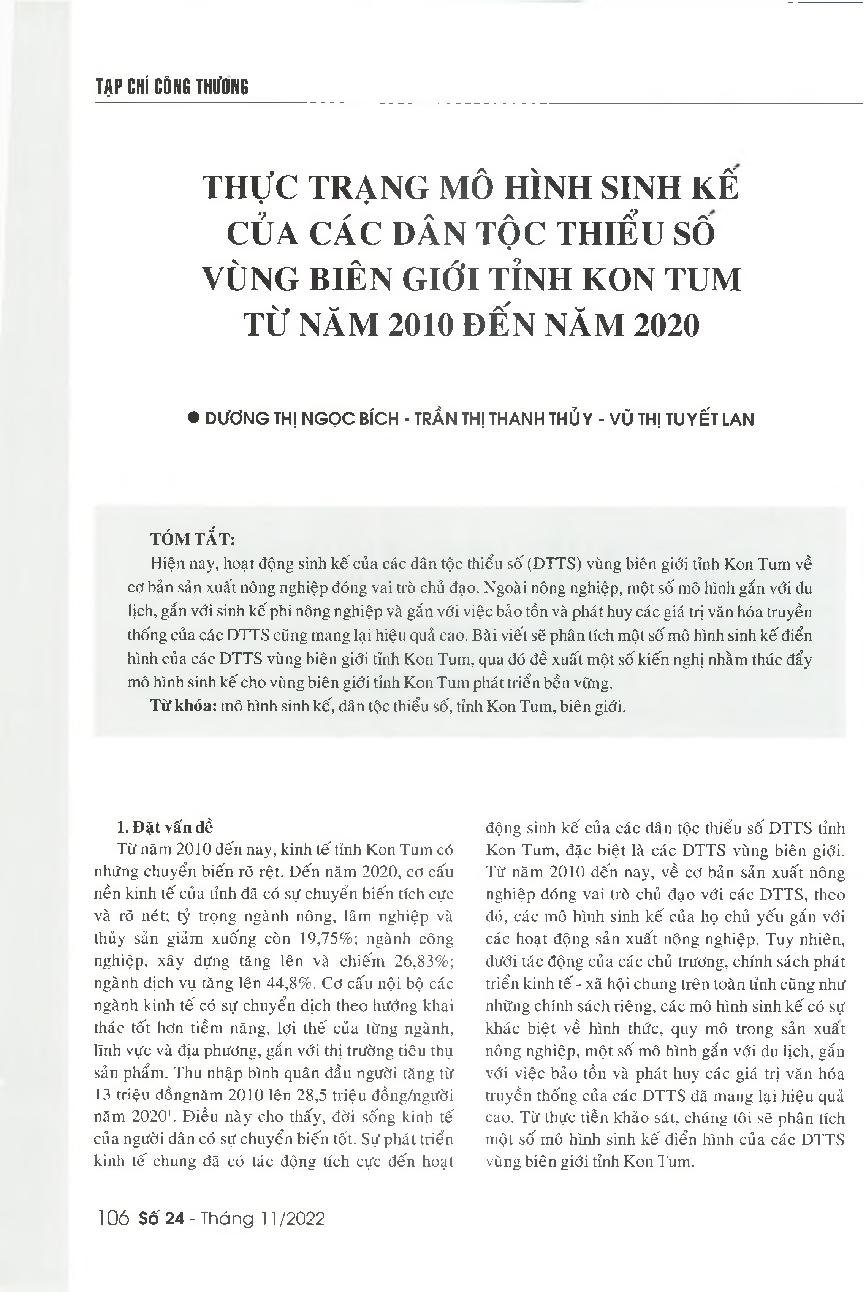 Thực trạng mô hình sinh kế của các dân tộc thiểu số vùng biên giới tỉnh Kon Tum từ năm 2010 đến năm 2020 = Livelihood models of ethnic minorities living in border areas of Kon Turn province in the period from 2010 to 2020