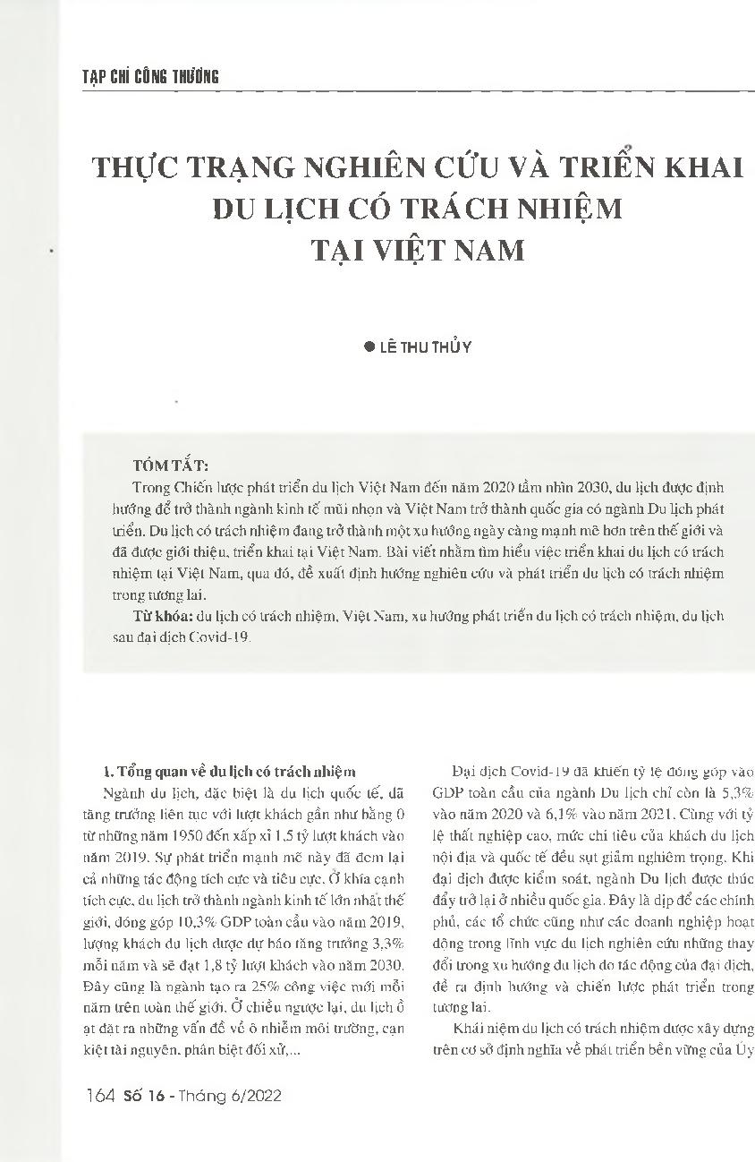 Thực trạng nghiên cứu và triển khai du lịch có trách nhiệm tại Việt Nam = Current development of responsible tourism in Vietnam