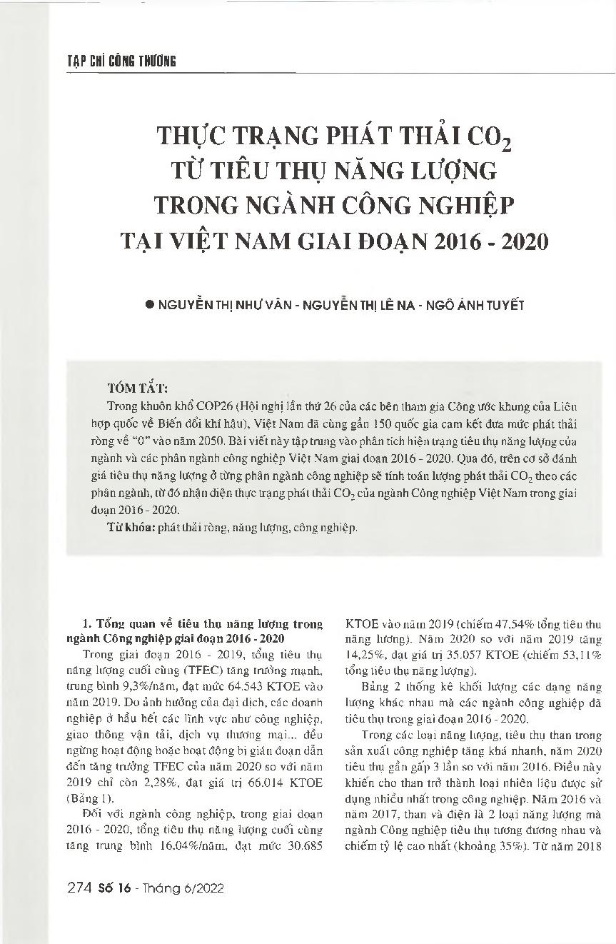 Thực trạng phát thải CO2 từ tiêu thụ năng lượng trong ngành công nghiệp tại Việt Nam giai đoạn 2016 - 2020 = CO2 emissions from the energy use of Vietnam&#39;s industry in the period 2016 - 2020