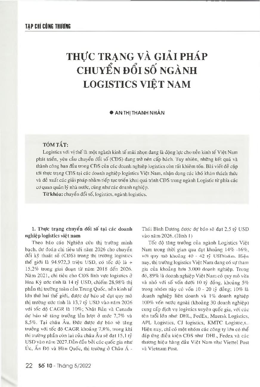 Thực trạng và giải pháp chuyển đổi số ngành Logistics Việt Nam = The current situation and solutions to facilitate the digital transformation at logistics enterprises in Vietnam