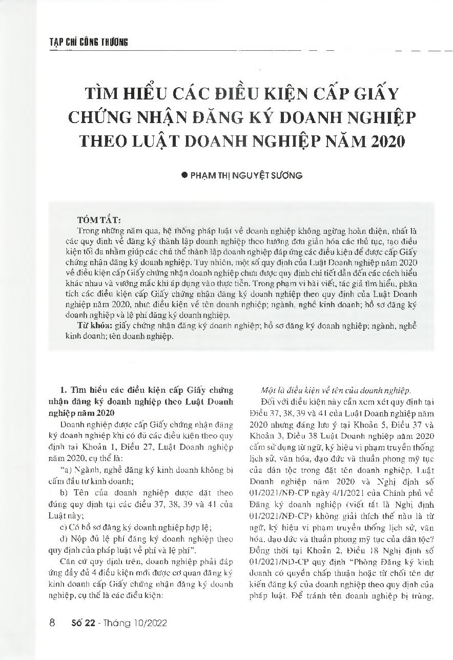 Tìm hiểu các điều kiện cấp giấy chứng nhận đăng ký doanh nghiệp theo Luật Doanh nghiệp năm 2020 = Conditions for granting business registration certificate in accordance to Vietnam's Law on Enterprises 2020