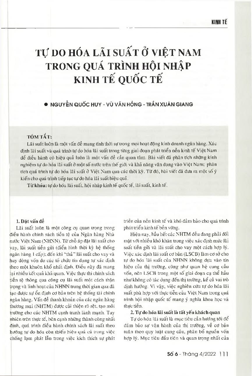 Tự do hóa lãi suất ở Việt Nam trong quá trình hội nhập kinh tế quốc tế = The interest rate liberalization in Vietnam in the context of the country's international economic integration process