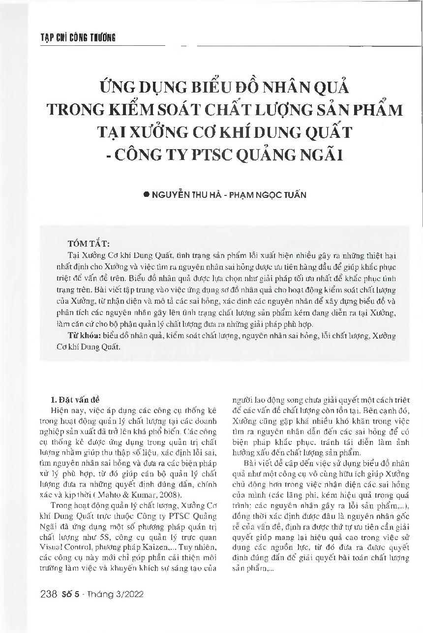 Ứng dụng biểu đồ nhân quả trong kiểm soát chất lượng sản phẩm tại xưởng cơ khí Dung Quất - Công ty PTSC Quảng Ngãi = Using the cause-effect diagram to control quality of products manufactured by Dung Quat Mechanical Workshop - PTSC Quang Ngai Joint stock 