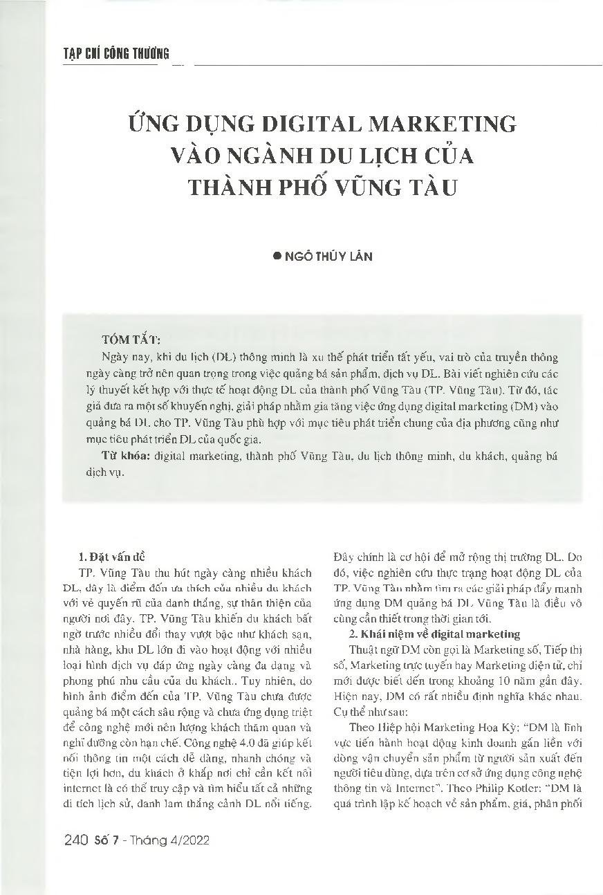 Ứng dụng digital marketing vào ngành Du lịch của thành phố Vũng Tàu = Applying digital marketing in Vung Tau city's tourism industry
