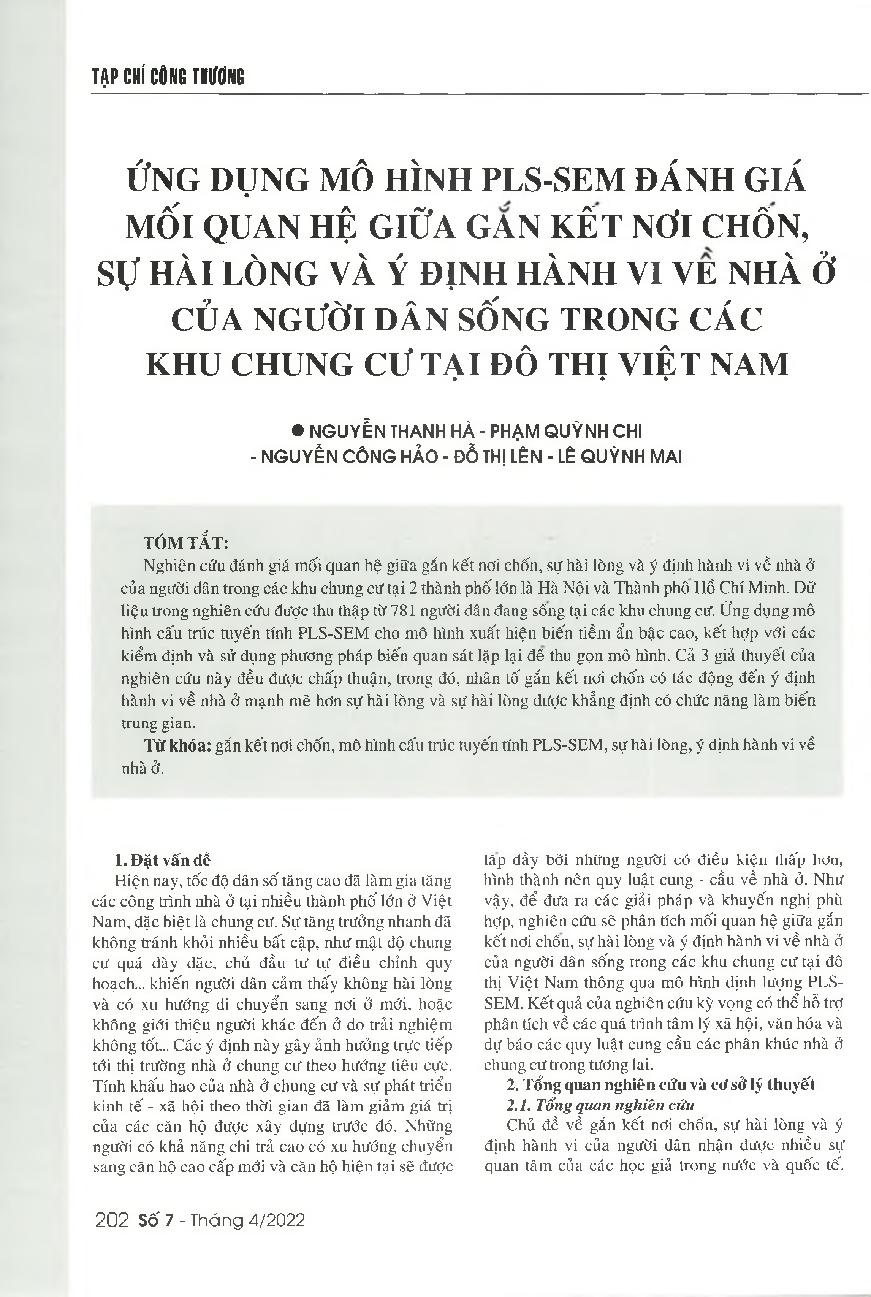 Ứng dụng mô hình PLS-SEM đánh giá mối quan hệ giữa gắn kết nơi chốn, sự hài lòng và ý định hành vi về nhà ở của người dân sống trong các khu chung cư tại đô thị Việt Nam = Using the PLS-SEM method to analyze the relationship among the place attachment, th