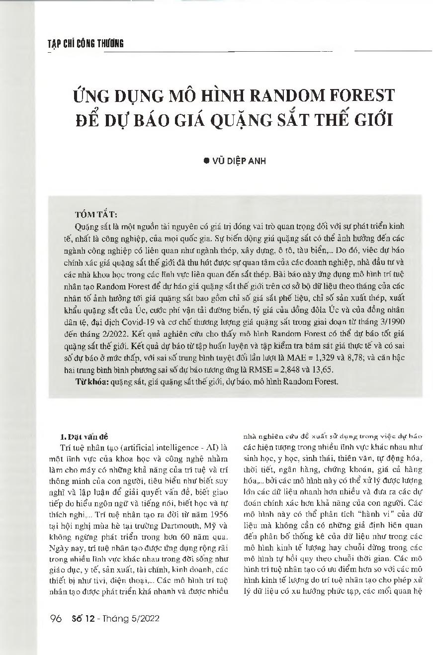 Ứng dụng mô hình Random Forest để dự báo giá quặng sắt thế giới = Using Random Forest model to forecast global iron ore price