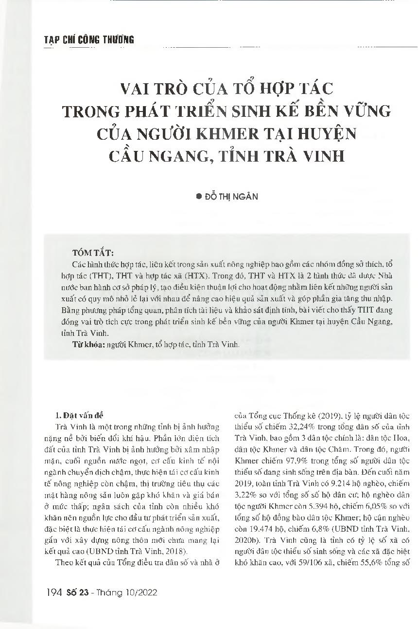 Vai trò của tổ hợp tác trong phát triển sinh kế bền vững của người Khmer tại huyện Cầu Ngang, tỉnh Trà Vinh = The role of cooperative groups in developing a sustainable livelihood for Khmer people in Cau Ngang district, Tra Vinh province