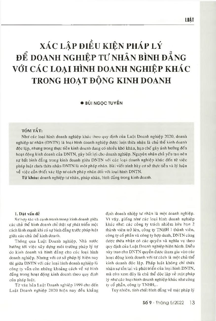 Xác lập điều kiện pháp lý để doanh nghiệp tư nhân bình đẳng với các loại hình doanh nghiệp khác trong hoạt động kinh doanh = Establishing a legal status for private enterprises to ensure the equality in doing business for private enterprises