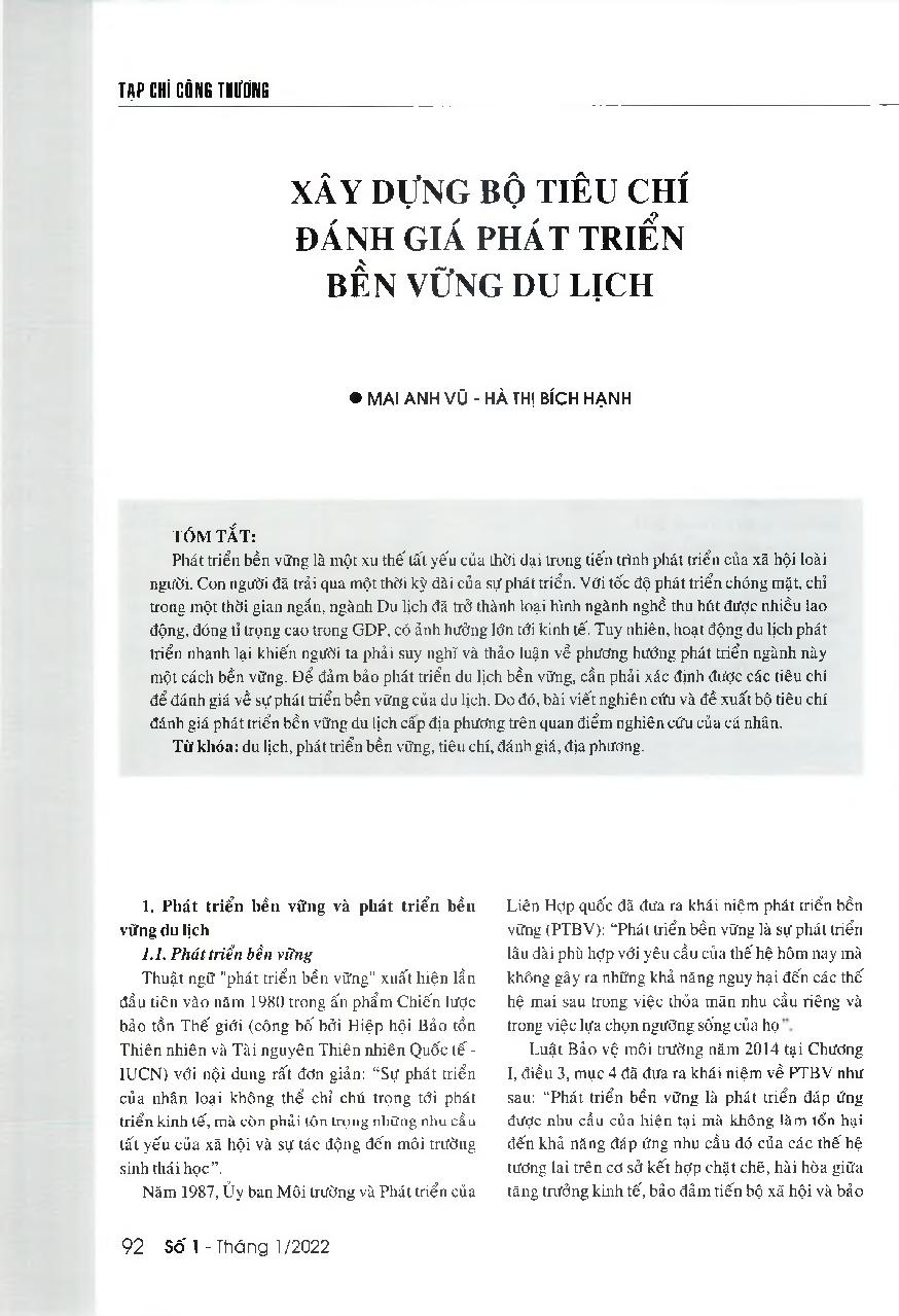 Xây dựng bộ tiêu chí đánh giá phát triển bền vững du lịch = Developing a set of criteria to evaluate the sustainable tourism development
