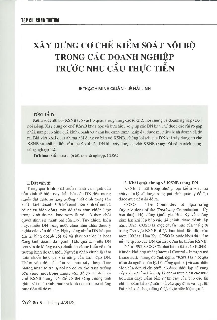 Xây dựng cơ chế kiểm soát nội bộ trong các doanh nghiệp trước nhu cầu thực tiễn = The internal control mechanism development of enterprises to meet pratical needs