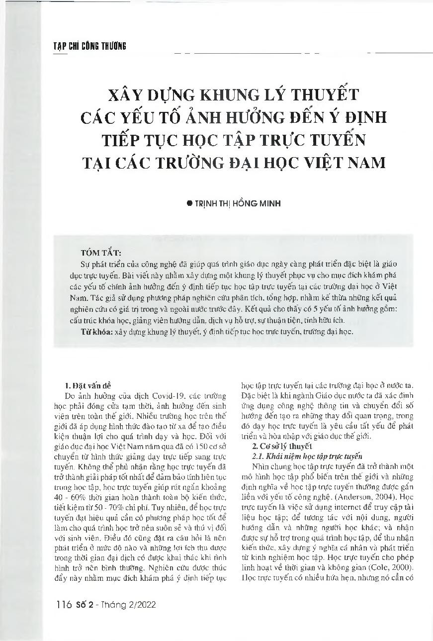 Xây dựng khung lý thuyết các yếu tố ảnh hưởng đến ý định tiếp tục học tập trực tuyến tại các trường đại học Việt Nam = Developing a theoretical framework for major factors affecting the intention to continue using online learning at universities in Vietna