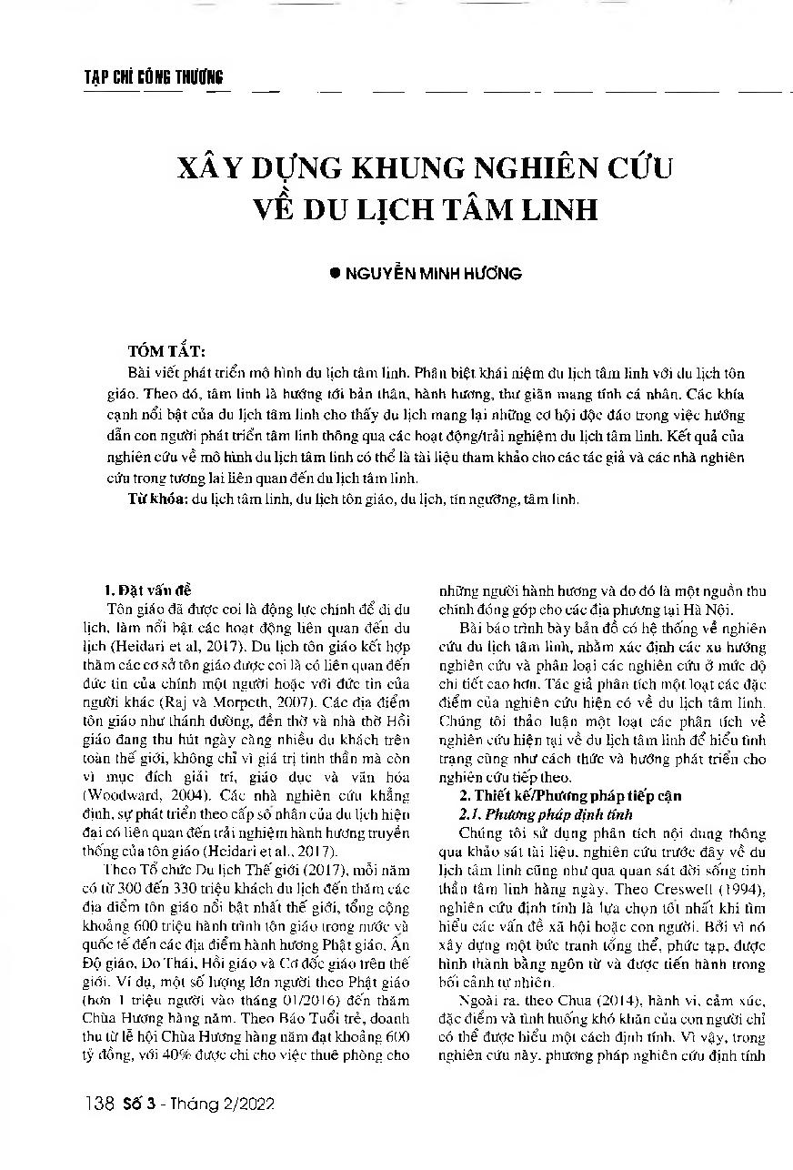 Xây dựng khung nghiên cứu về du lịch tâm linh = Developing the framework for spiritual tourism research