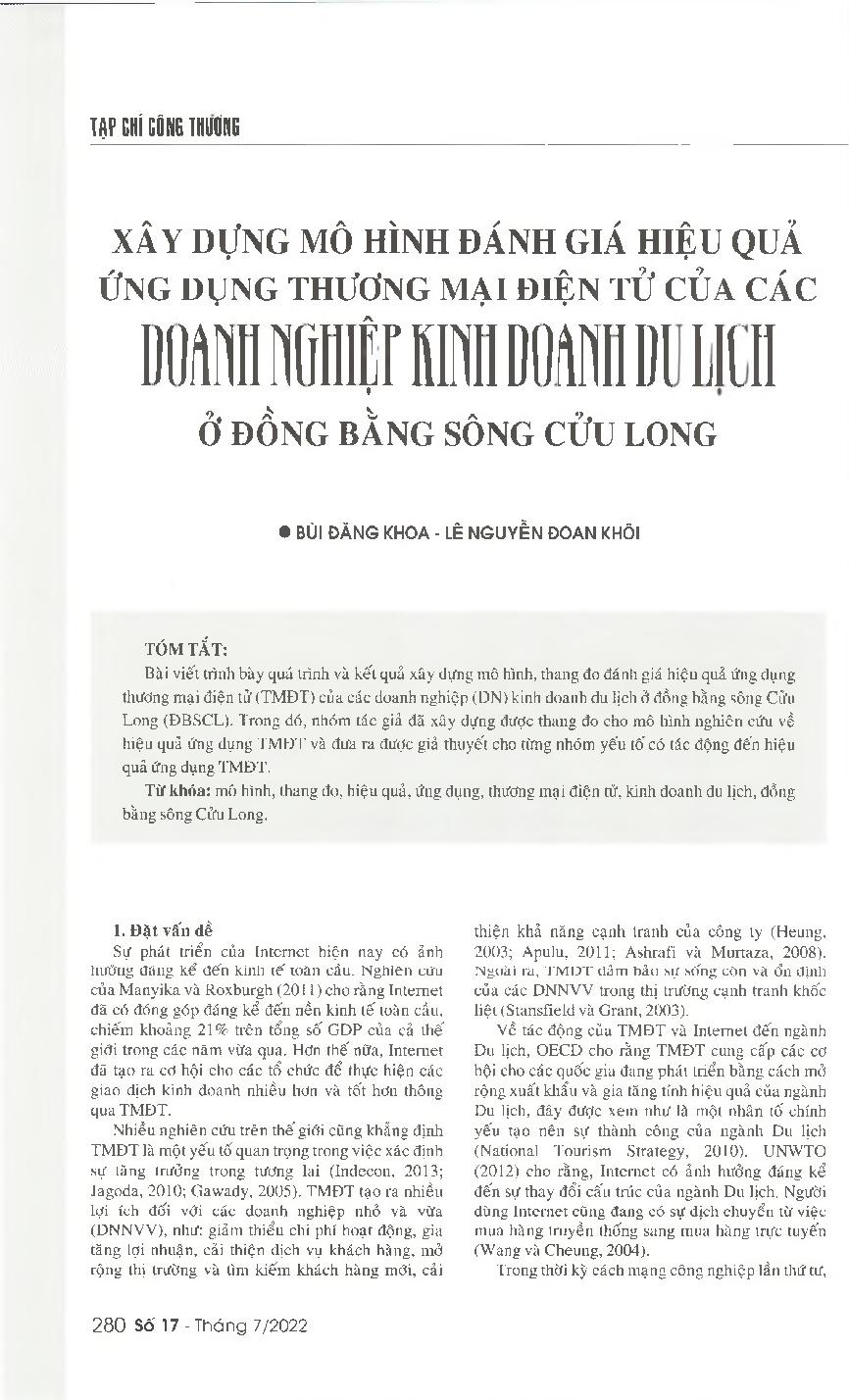 Xây dựng mô hình đánh giá hiệu quả ứng dụng thương mại điện tử của các doanh nghiệp kinh doanh du lịch ở đồng bằng sông Cửu Long = Building a model to evluate the effectiveness of implementing e-commerce in tourism businesses in the Mekong Delta