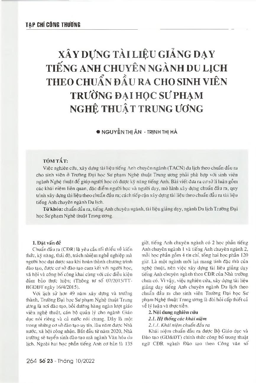 Xây dựng tài liệu giảng dạy tiếng Anh chuyên ngành Du lịch theo chuẩn đầu ra cho sinh viên Trường Đại học sư phạm Nghệ thuật Trung ương = Developing English for Specific Purposes instructional materials in accordance to learning outcome standards for tour