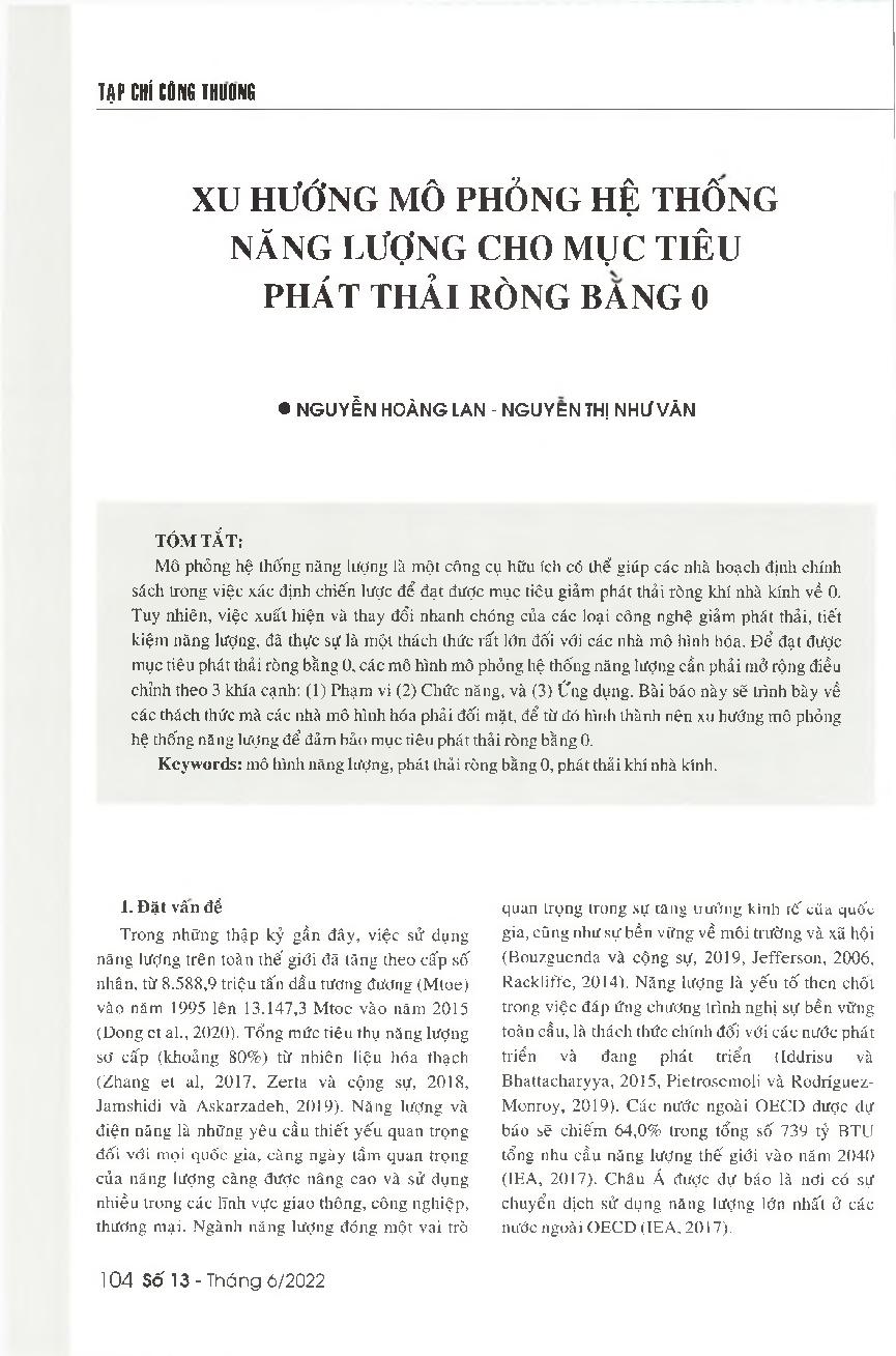 Xu hưởng mô phỏng hệ thống năng lượng cho mục tiêu phát thải ròng bằng 0 = The development trend of energy system simulation models to achieve the goal of net zero emissions