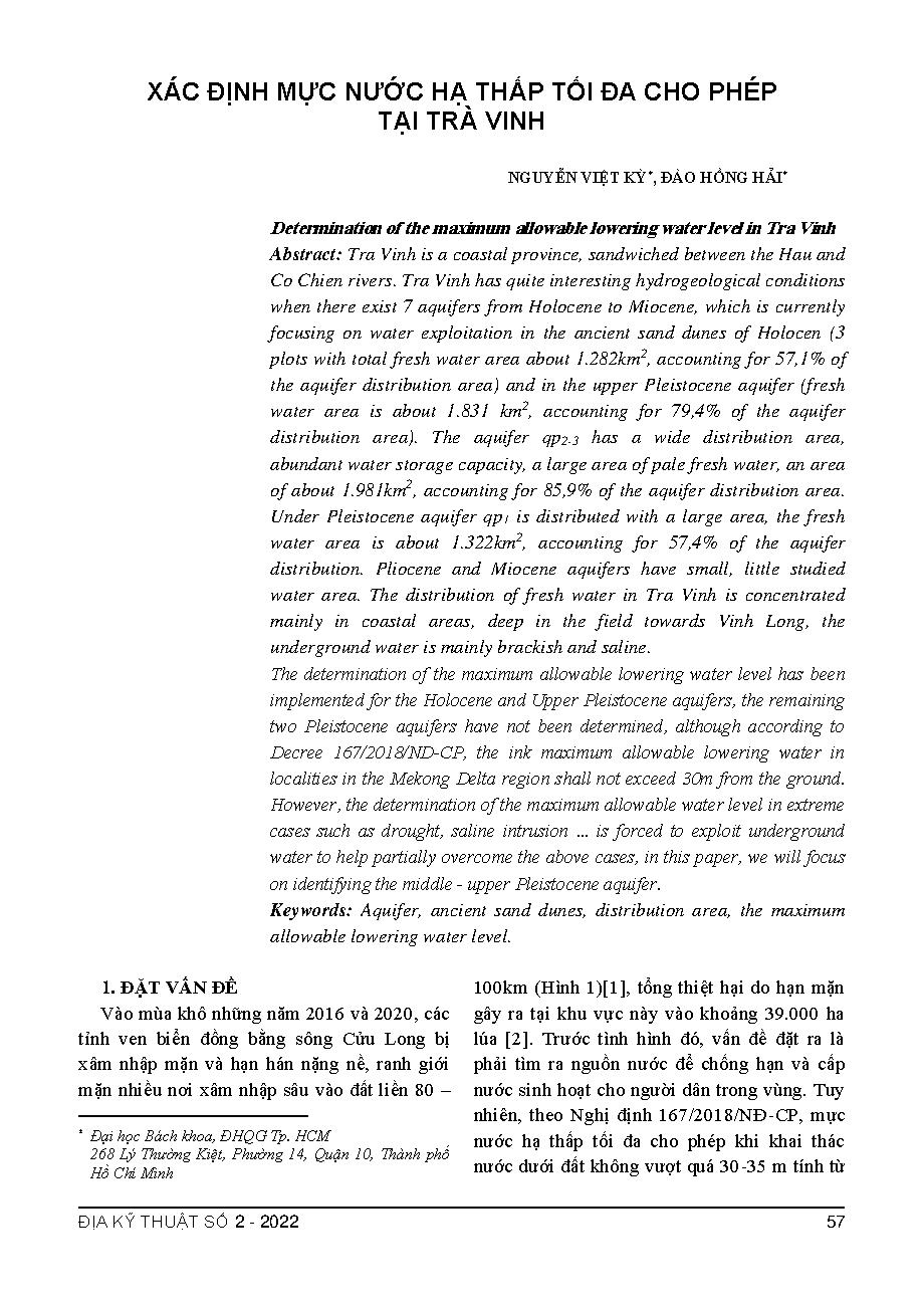 Xác định mực nước hạ thấp tối đa cho phép tại Trà Vinh = Determination of the maximum allowable lowering water level in Tra Vinh