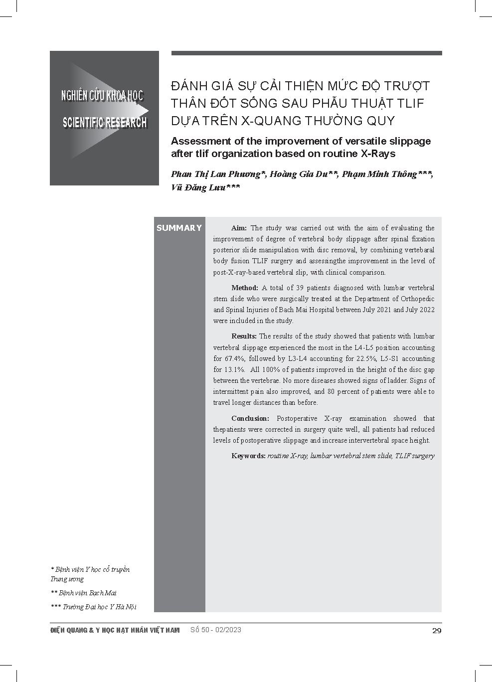 Đánh giá sự cải thiện mức độ trượt thân đốt sống sau phẫu thuật TLIF dựa trên X-quang thường quy