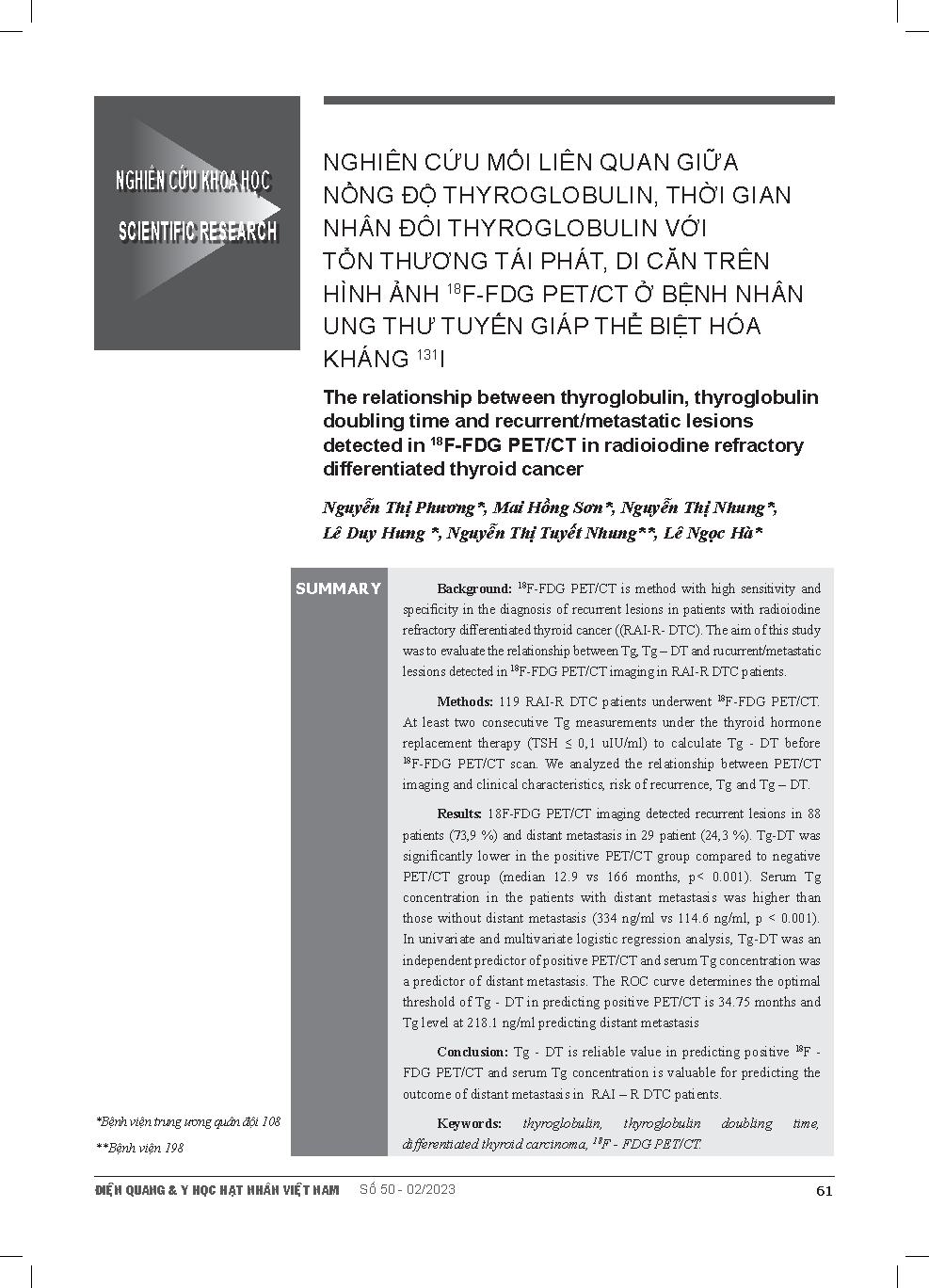 Nghiên cứu mối liên quan giữa nồng độ thyroglobulin, thời gian nhân đôi thyroglobulin với tổn thương tái phát, di căn trên hình ảnh 1818F-FDG PET/CT ở bệnh nhân ung thư tuyến giáp thể biệt hóa kháng 131I