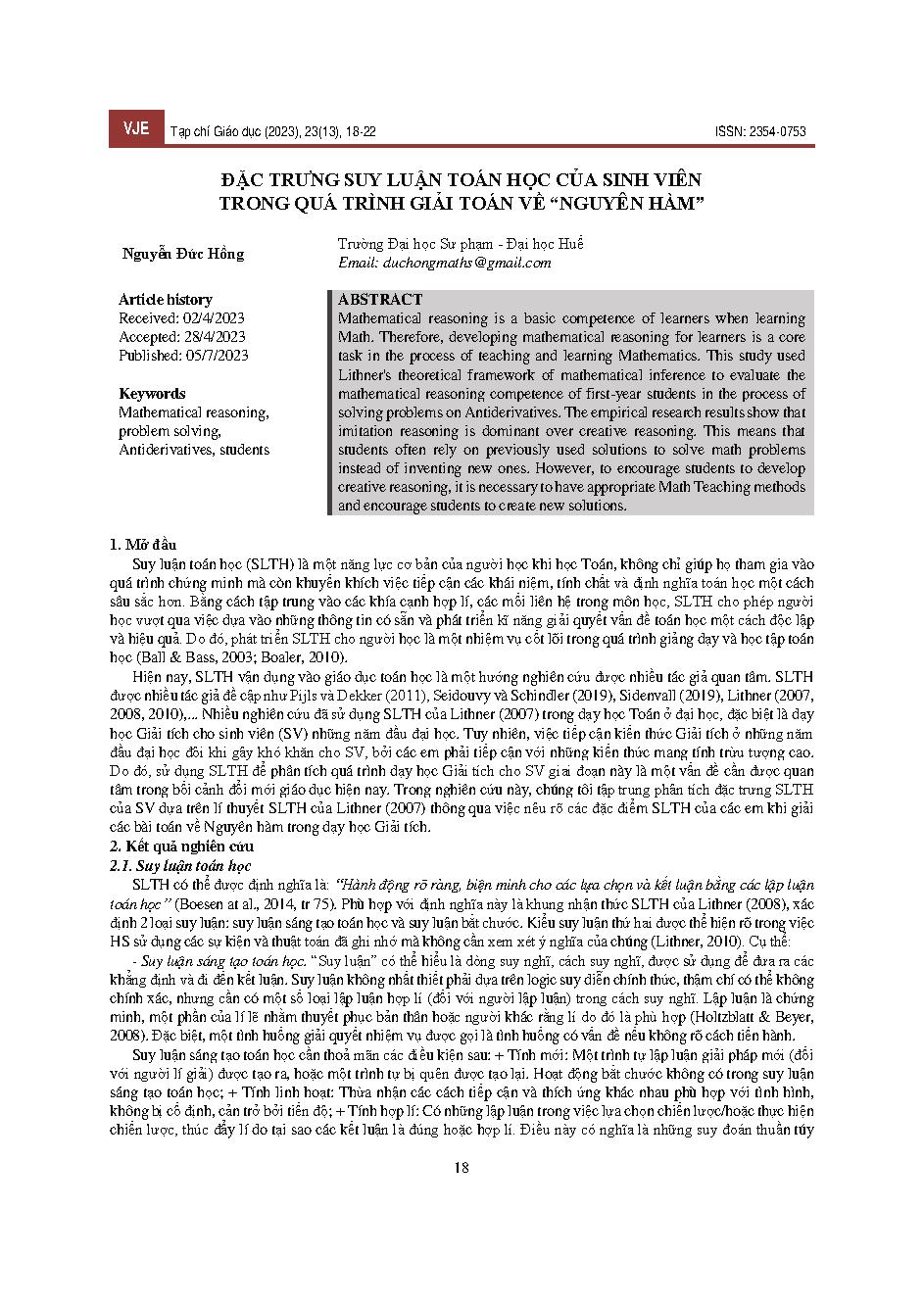 Đặc trưng suy luận toán học của sinh viên trong quá trình giải toán về "nguyên hàm" = Characteristics of students' mathematical reasoning in the process of solving "primitive functions"