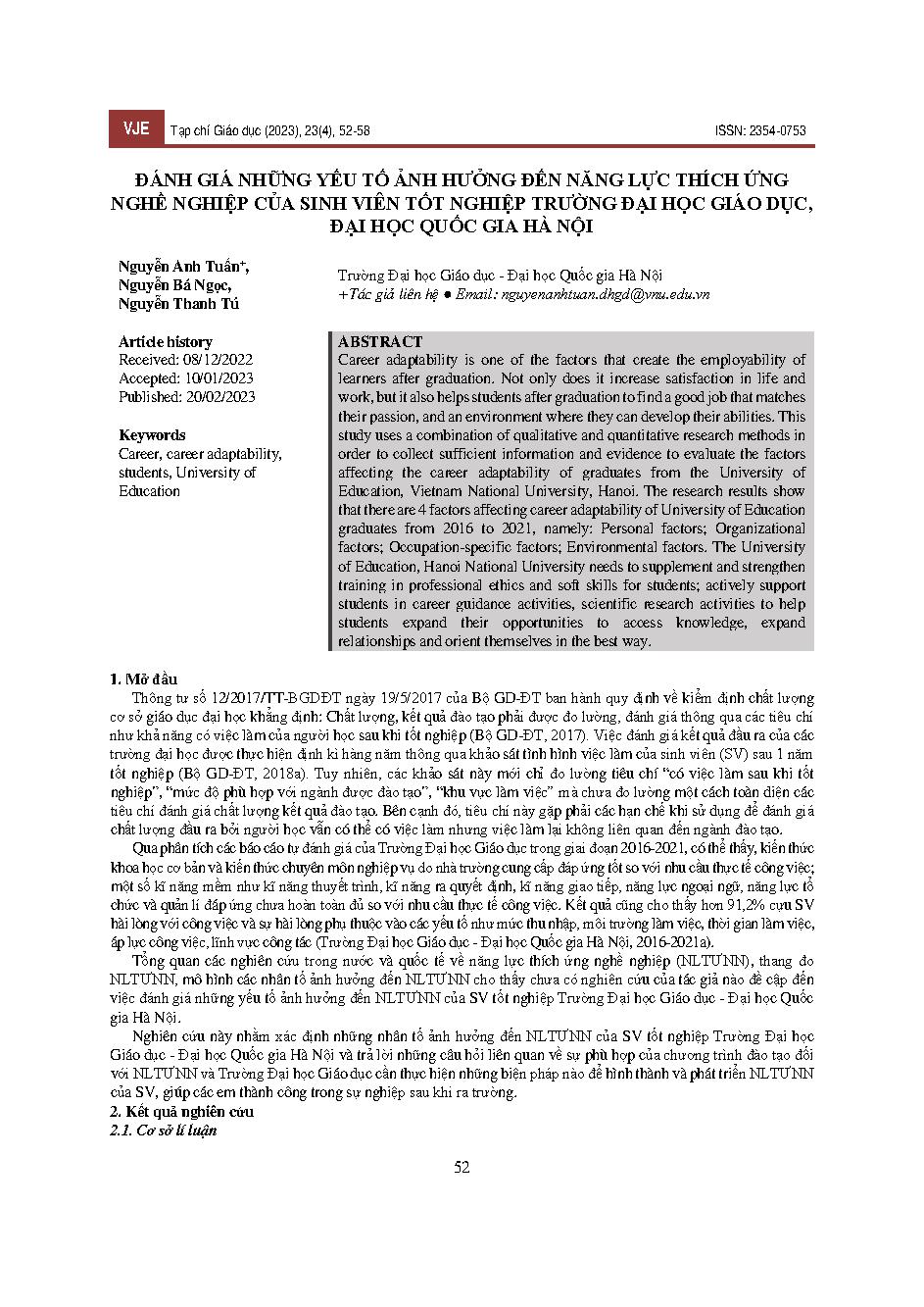Đánh giá những yếu tố ảnh hưởng đến năng lực thích ứng nghề nghiệp của sinh viên tốt nghiệp trường Đại học Giáo dục, Đại học quốc gia Hà Nội = Evaluation of factors affecting career adaptability of graduates from University of Education, Vietnam National 