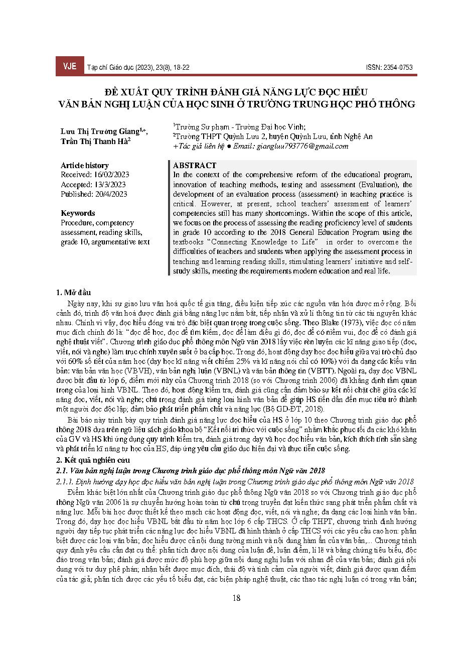 Đề xuất quy trình đánh giá năng lực đọc hiểu văn bản nghị luận của học sinh ở trường trung học phổ thông = Proposing a process to assess the reading comprehension ability of students in high schools