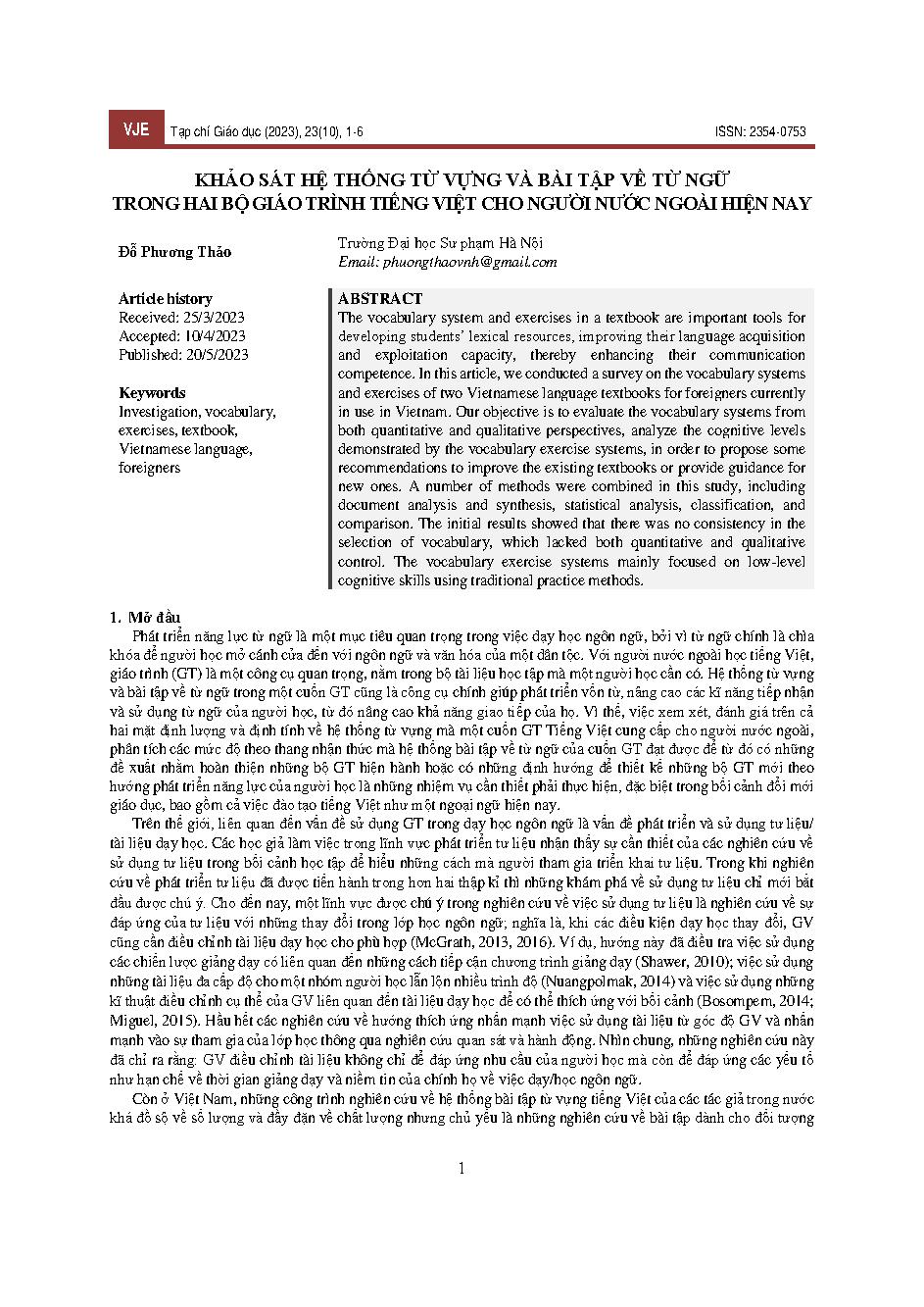 Khảo sát hệ thống từ vựng và bài tập về từ ngữ trong hai bộ giáo trình tiếng Việt cho người nước ngoài hiện nay = Survey on vocabulary system and word exercises in two sets of Vietnamese textbooks for foreigners today