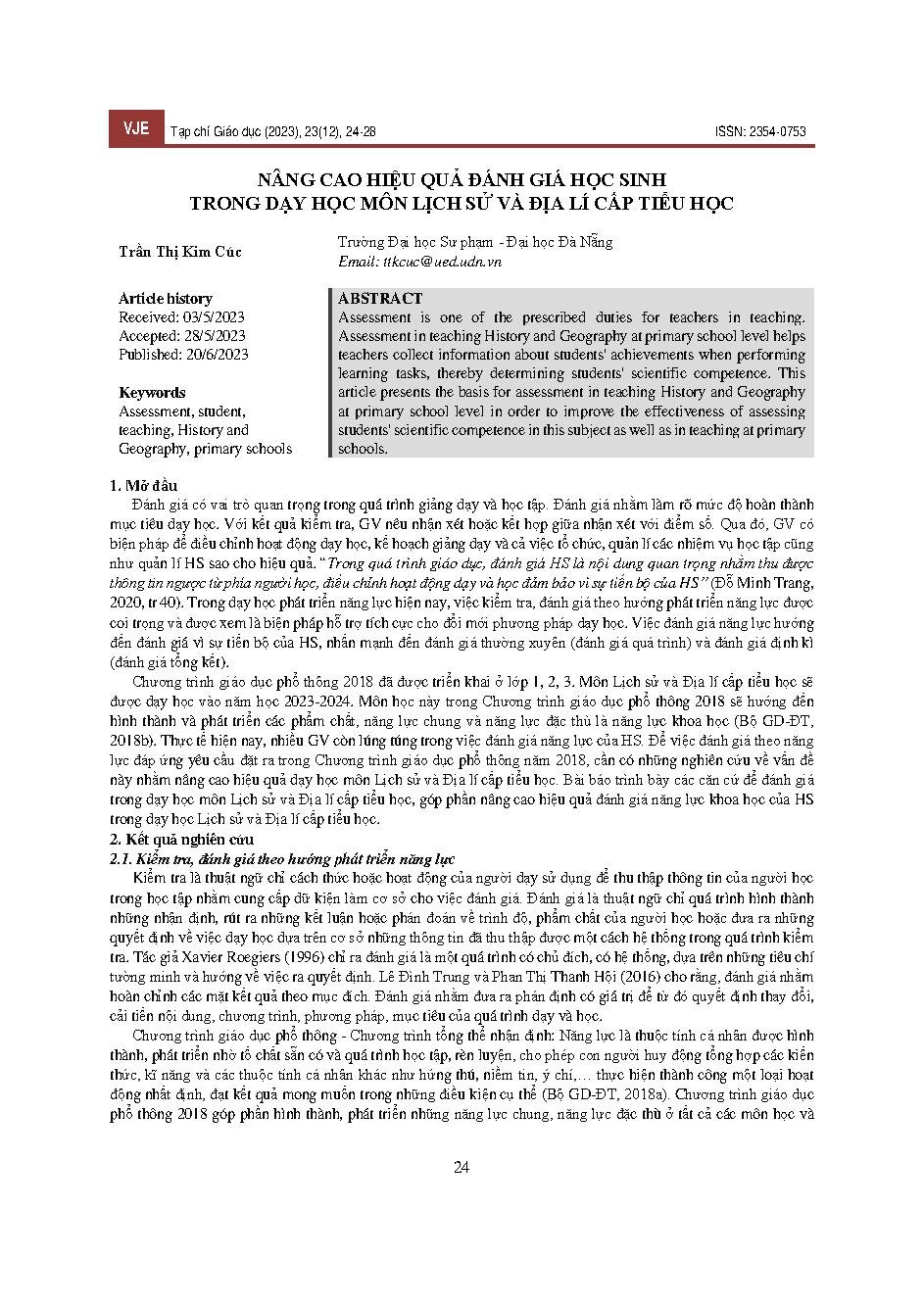 Nâng cao hiệu quả đánh giá học sinh trong dạy học môn Lịch sử và Địa lí cấp tiểu học = Improve the effectiveness of student assessment in teaching History and Geography at primary school level