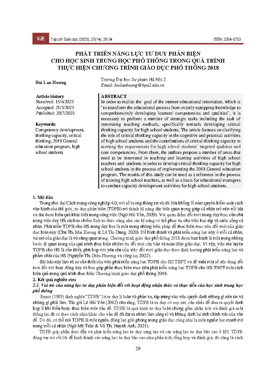 Phát triển năng lực tư duy phản biện cho học sinh trung học phổ thông trong quá trình thực hiện cChương trình giáo dục phổ thông 2018 = Developing critical thinking capacity for high school students during the implementation of the 2018 General Education 