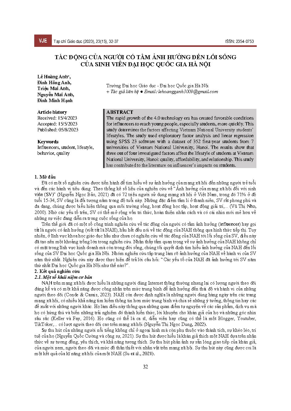 Tác động của người có tầm ảnh hưởng đến lối sống của sinh viên Đại học Quốc gia Hà Nội = Impact of influencers on the lifestyle of students at Vietnam National University, Hanoi