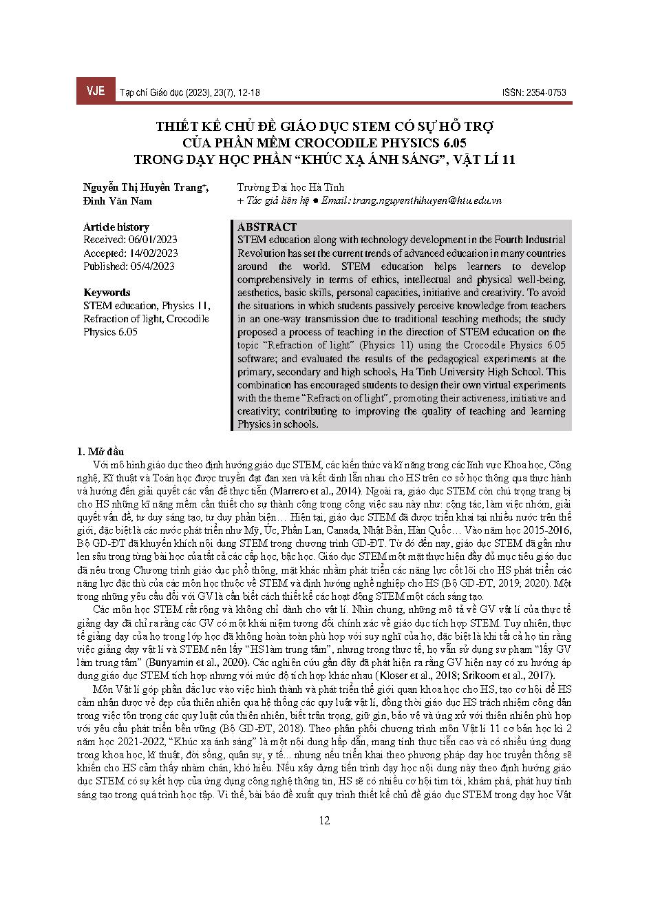 Thiết kế chủ đề giáo dục stem có sự hỗ trợ của phần mềm crocodile physics 6.05 trong dạy học phần "khúc xạ ánh sáng", vật lí 11 = Design educational topics stem with the support of crocodile physics 6.05 software in teaching the "refraction of light", phy