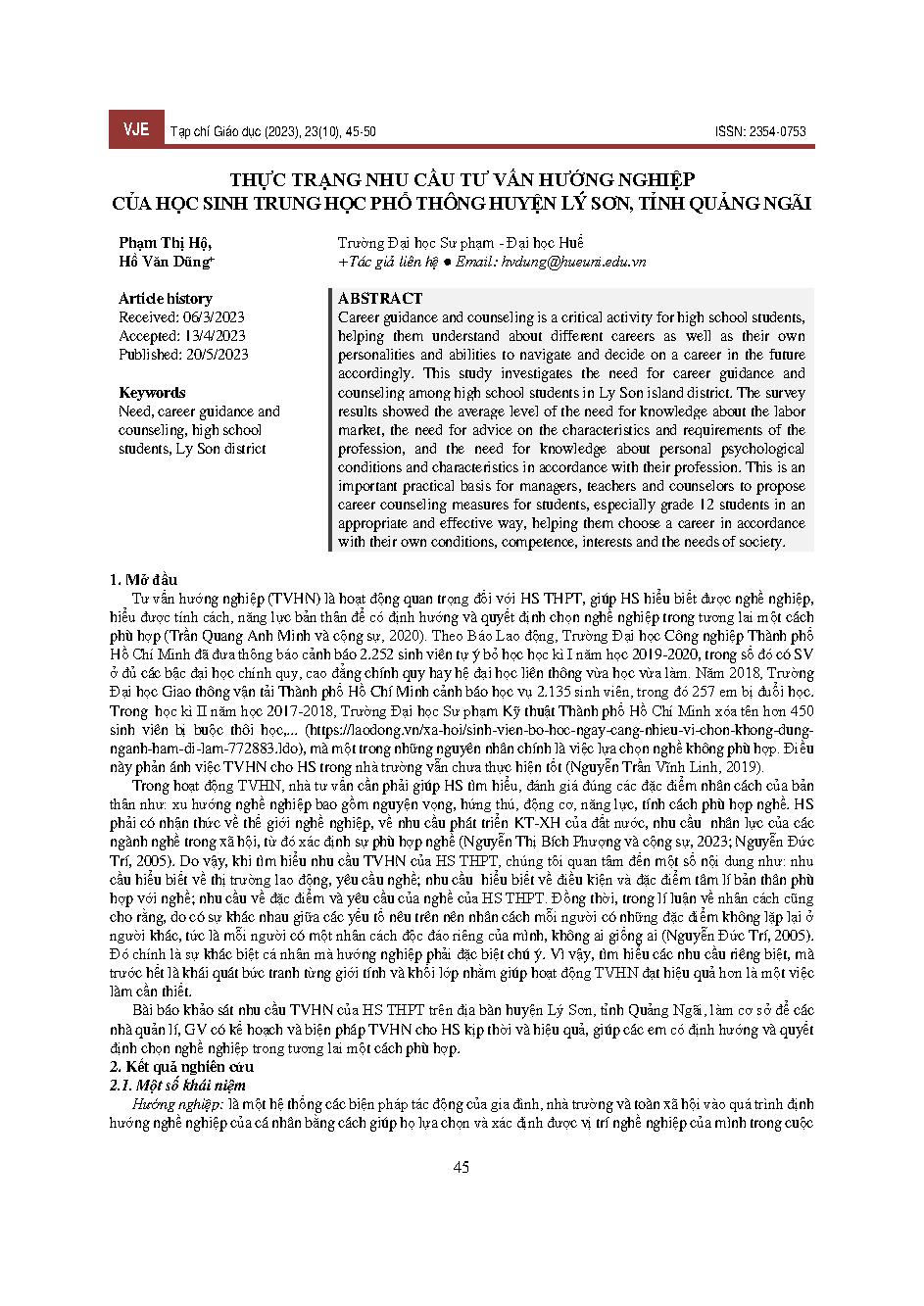 Thực trạng nhu cầu tư vấn hướng nghiệp của học sinh trung học phổ thông huyện Lý Sơn, tỉnh Quảng Ngãi = The current situation of career counseling needs of high school students in Ly Son district, Quang Ngai province