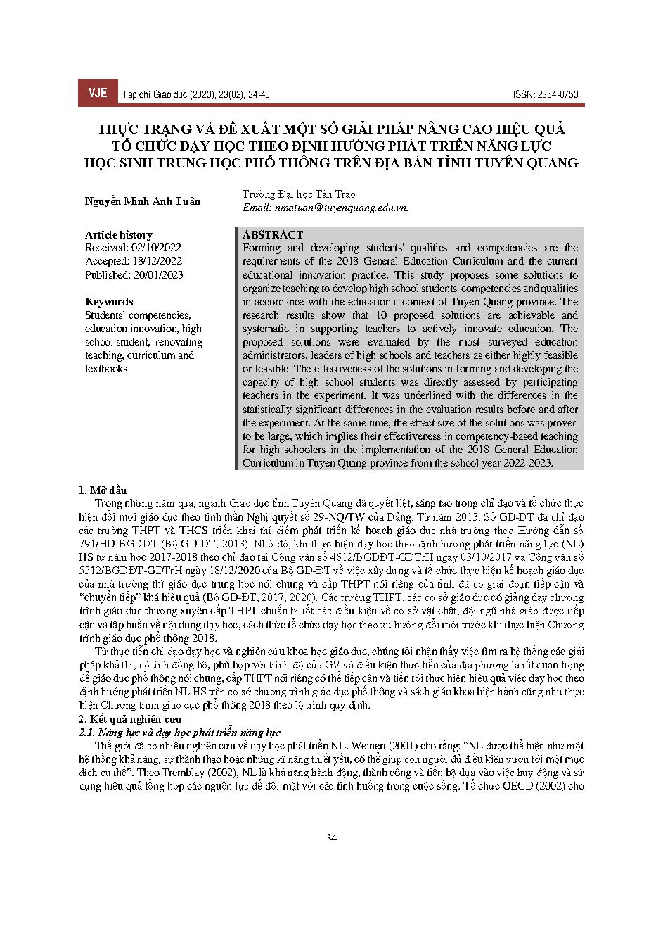 Thực trạng và đề xuất một số giải pháp nâng cao hiệu quả tổ chức dạy học theo định hướng phát triển năng lực học sinh trung học phổ thông trên địa bàn tỉnh Tuyên Quang = Situation and propose some solutions to improve the effectiveness of teaching organiz