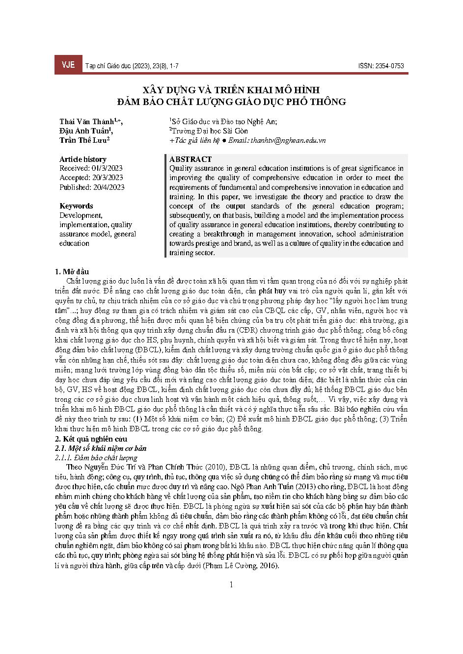 Xây dựng và triển khai mô hình đảm bảo chất lượng giáo dục phổ thông = Building and implementing a model to ensure the quality of general education