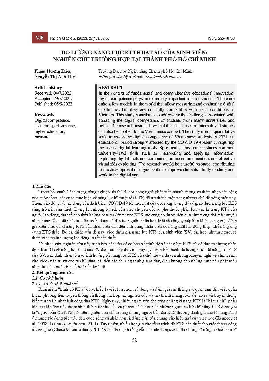 Đo lường năng lực kĩ thuật số của sinh viên: nghiên cứu trường hợp tại thành phố Hồ Chí Minh = Measuring students' digital competence: a case study in Ho Chi Minh City