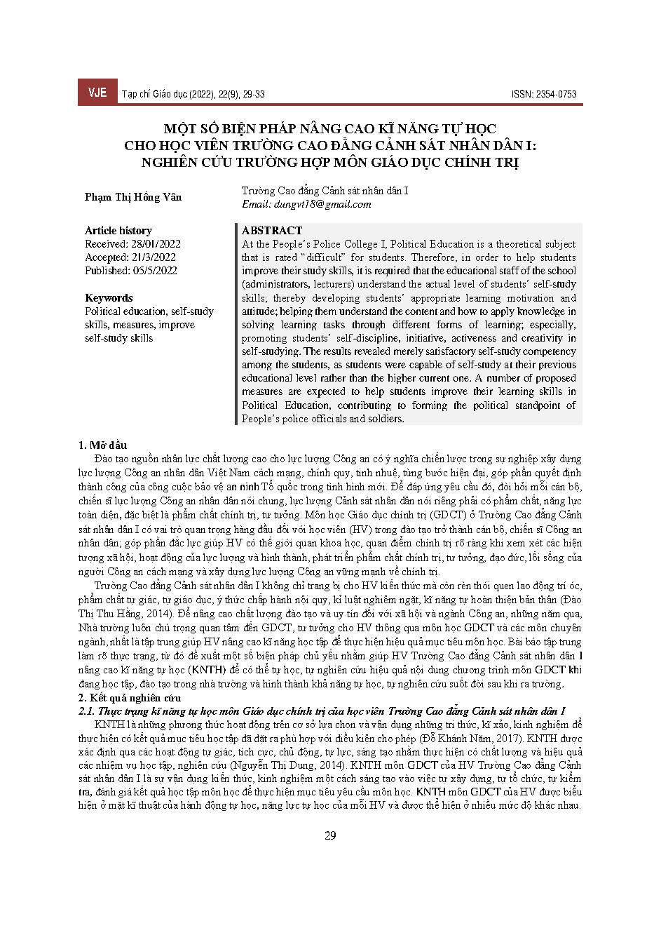 Một số biện pháp nâng cao kĩ năng tự học cho học viên Trường Cao đẳng Cảnh sát nhân dân I: nghiên cứu trường hợp môn Giáo dục chính trị = Some measures to improve self-study skills for students of People's Police College I: a case study of Political E