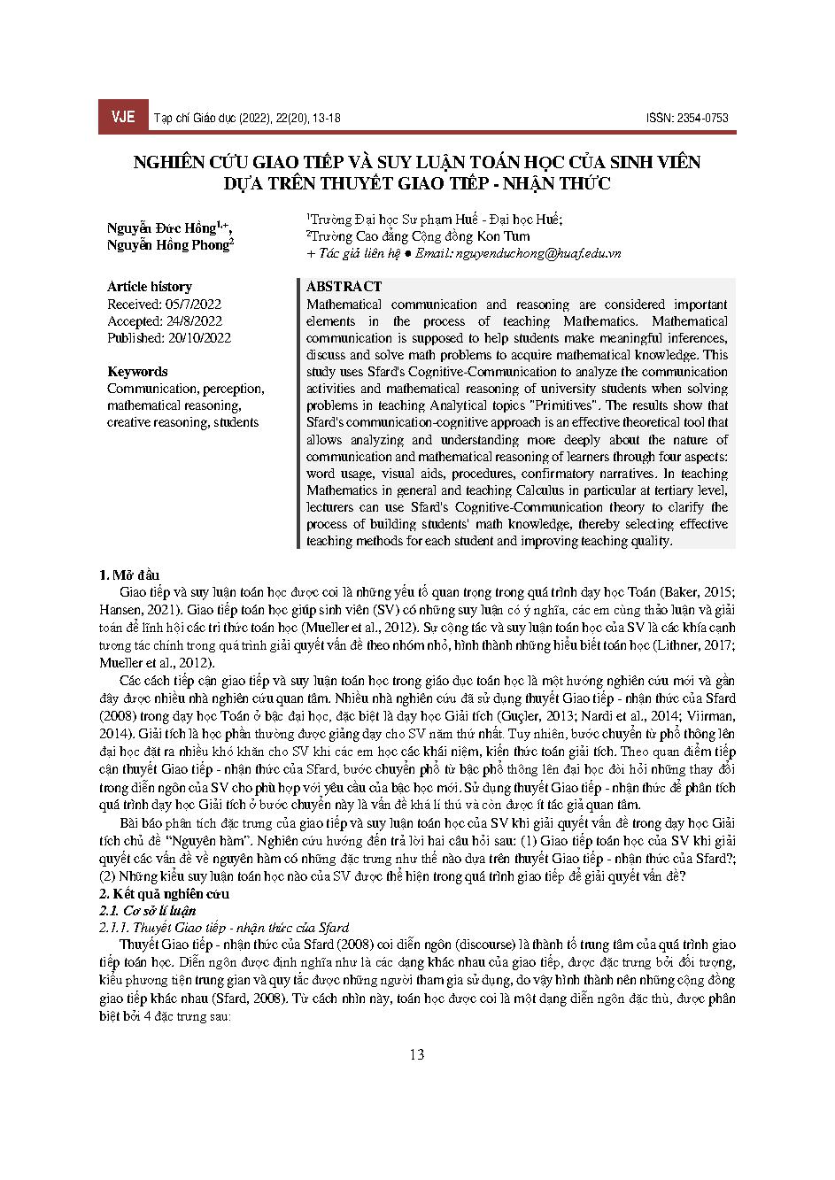 Nghiên cứu giao tiếp và suy luận toán học của sinh viên dựa trên thuyết giao tiếp - nhận thức = Research on communication and mathematical reasoning of students based on communication-cognitive theory