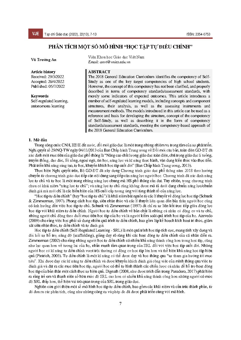 Phân tích một số mô hình “học tập tự điều chỉnh” = Analysis of some models of “self-regulating learning”