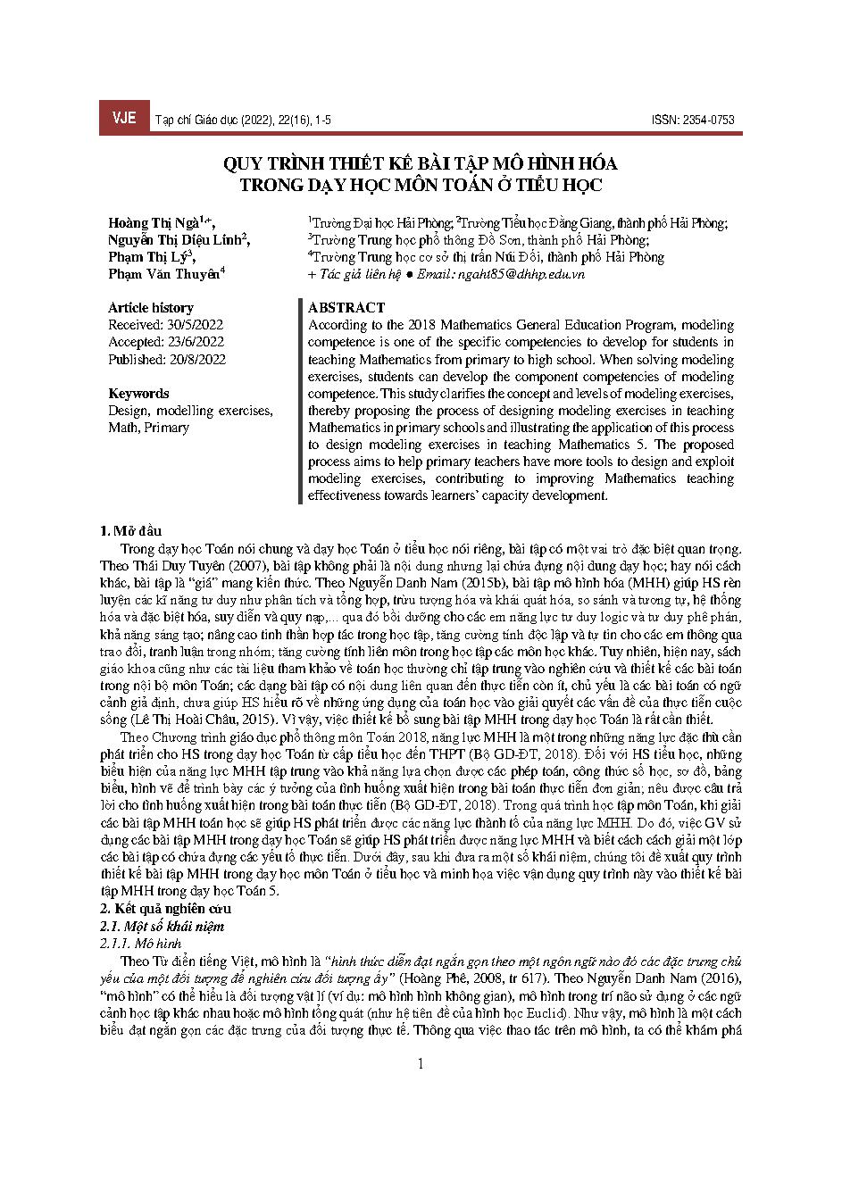 Quy trình thiết kế bài tập mô hình hóa trong dạy học môn toán ở tiểu học = The process of designing modeling exercises in teaching mathematics in primary schools
