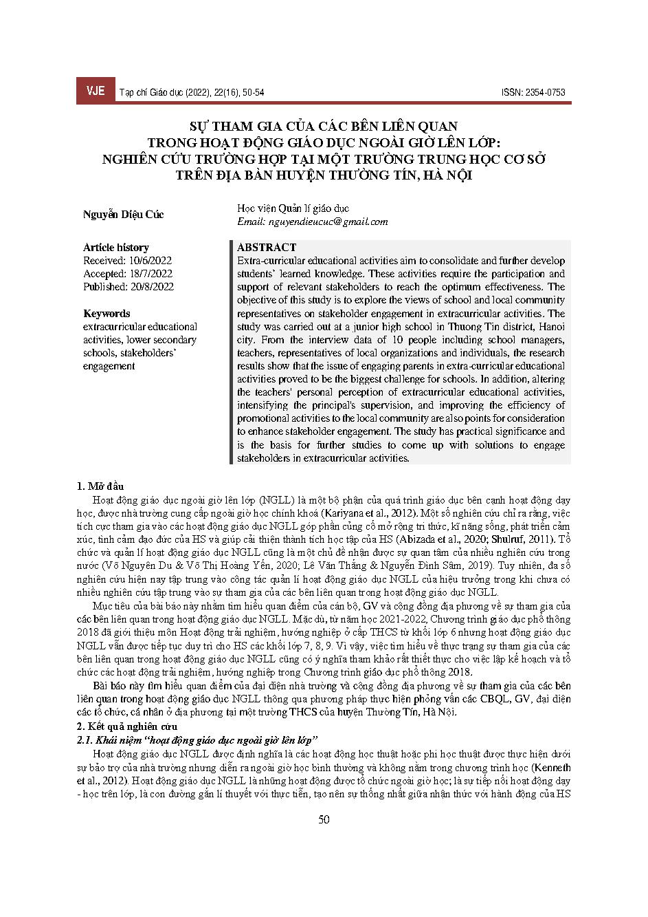 Sự tham gia của các bên liên quan trong hoạt động giáo dục ngoài giờ lên lớp: nghiên cứu trường hợp tại một trường trung học cơ sở trên địa bàn huyện Thường Tín, Hà Nội = Stakeholder involvement in extracurricular activities: a case study at a junior high