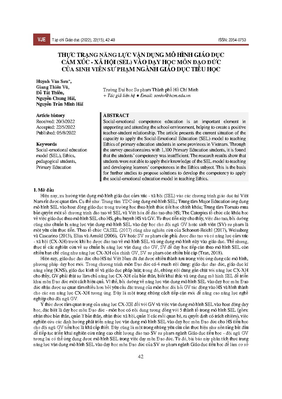 Thực trạng năng lực vận dụng mô hình giáo dục cảm xúc - xã hội (sel) vào dạy học môn đạo đức của sinh viên sư phạm ngành giáo dục tiểu học = The current situation of the ability to apply the social-emotional education model (sel) to teaching ethics of ped