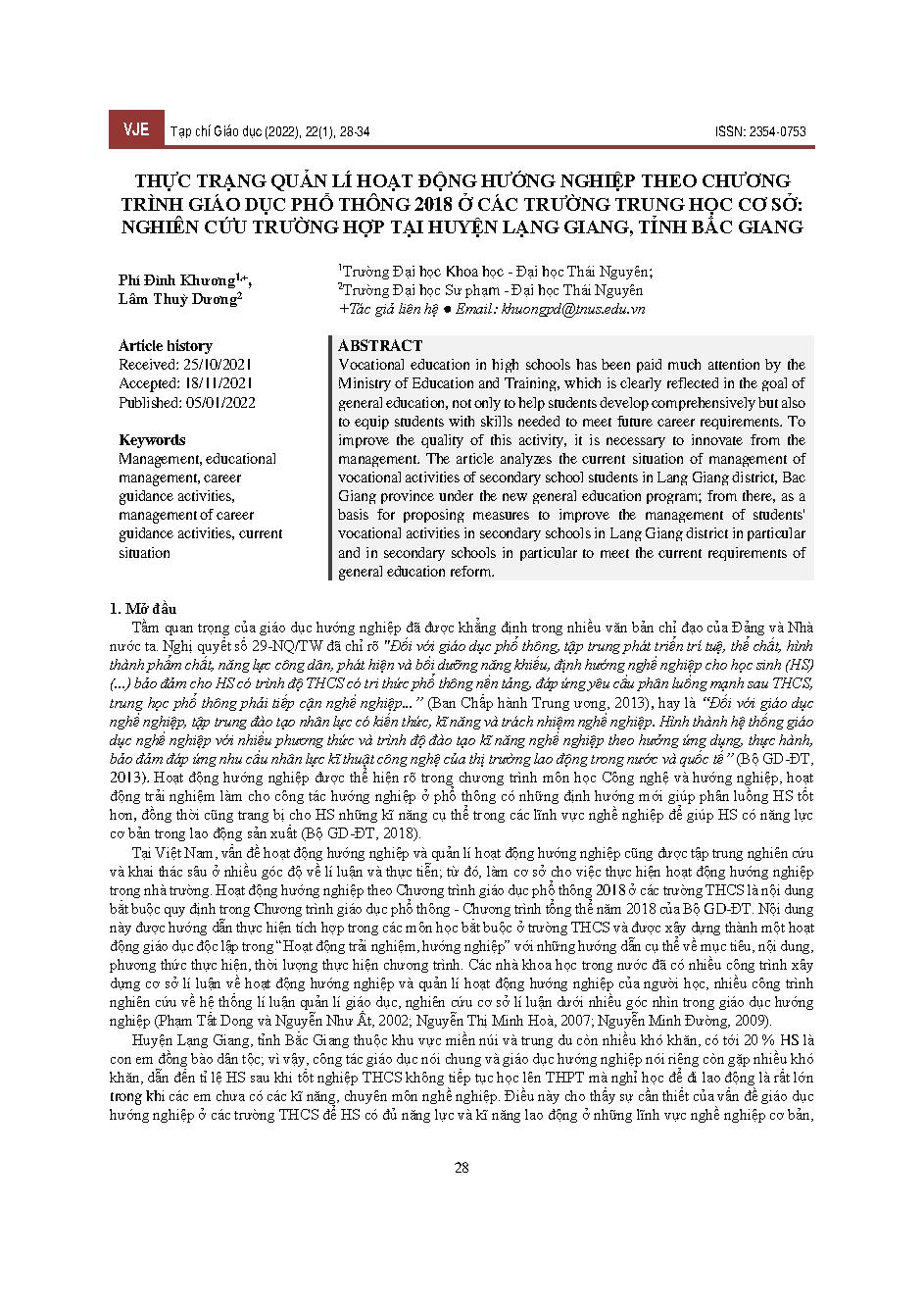 Thực trạng quản lí hoạt động hướng nghiệp theo Chương trình giáo dục phổ thông 2018 ở các trường trung học cơ sở: Nghiên cứu trường hợp tại huyện Lạng Giang, tỉnh Bắc Giang = The current situation of management of career guidance activities according to t