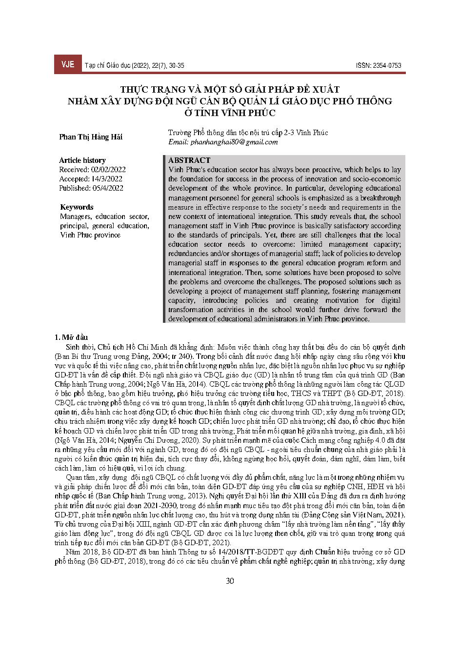 Thực trạng và một số giải pháp đề xuất nhằm xây dựng đội ngũ cán bộ quản lí giáo dục phổ thông ở tỉnh Vĩnh Phúc = Situation and some proposed solutions to build a contingent of general education administrators in Vinh Phuc province
