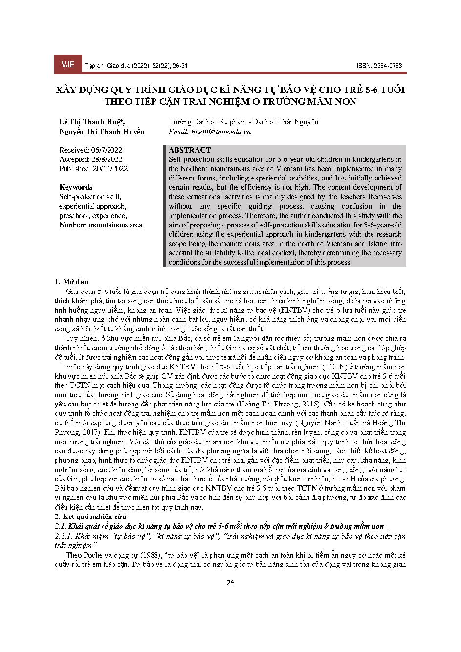 Xây dựng quy trình giáo dục kĩ năng tự bảo vệ cho trẻ 5-6 tuổi theo tiếp cận trải nghiệm ở trường mầm non = Building a process of educating self-protection skills for 5-6-year-old children according to the experience approach at preschool
